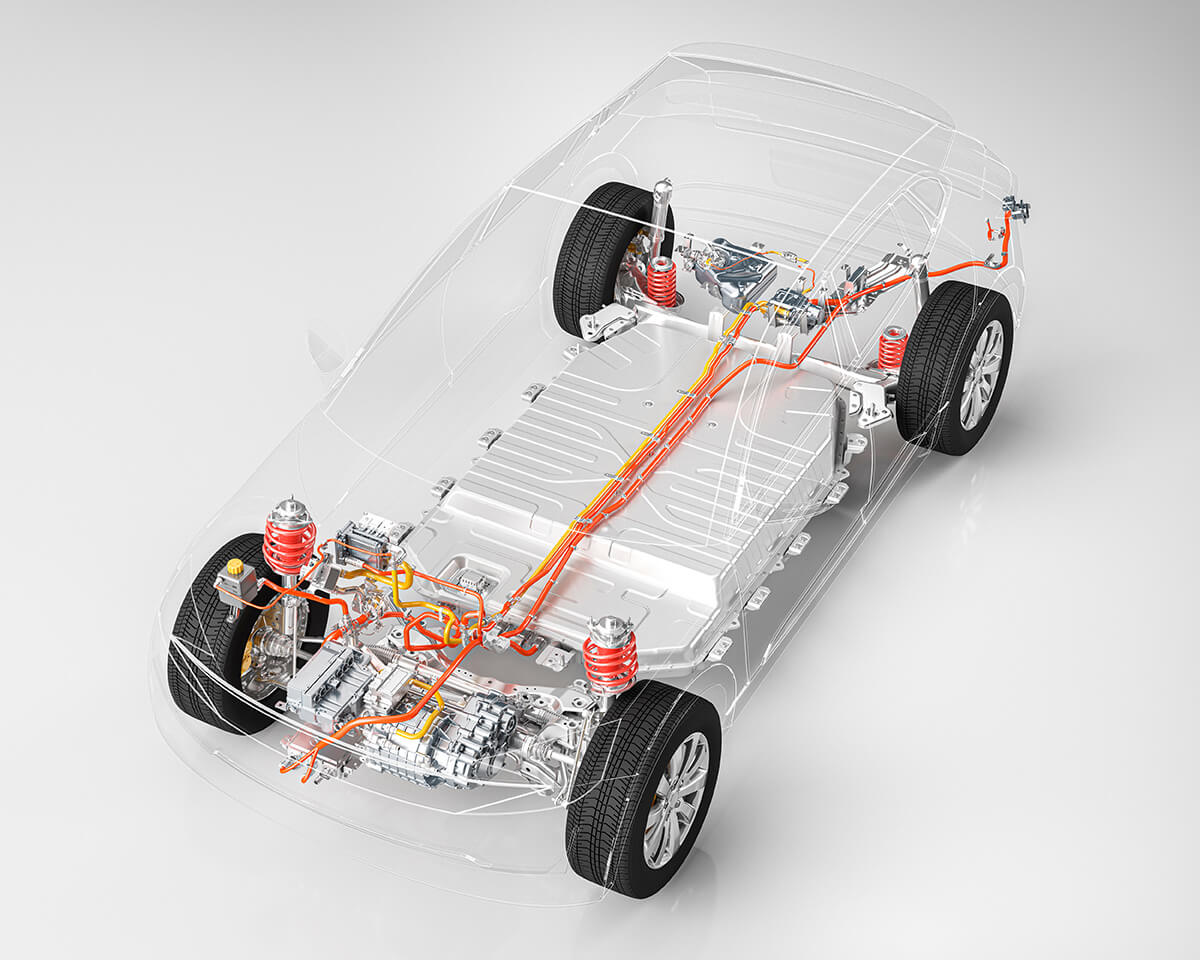 En tegning av en gjennomsiktig elektrisk bil, med mulighet til å se tvers igjennom til bilens anlegg, motor og hjul.